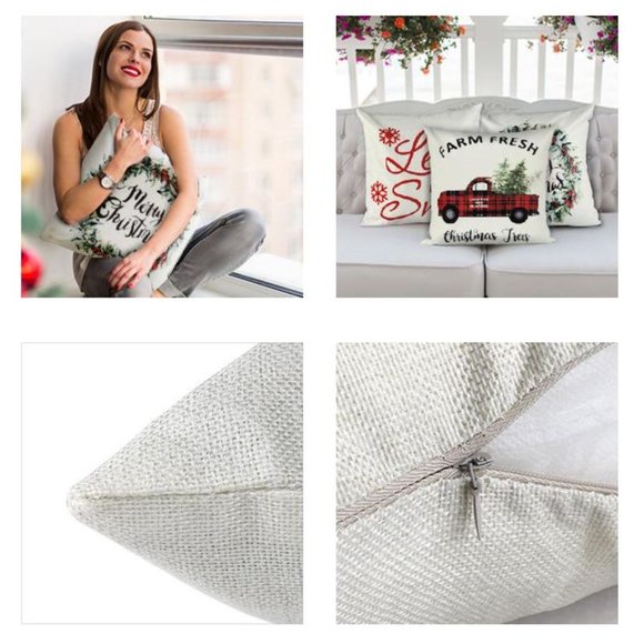 4 Farmhouse Christmas Throw Pillow Covers 18"x18" Linen Let It Snow Farm Fresh - Picture 7 of 11